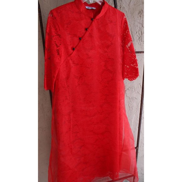 Too Tang Red Asian Style Dress Red Lace Size Large L 88074 Sheer Overlay - Picture 6 of 11